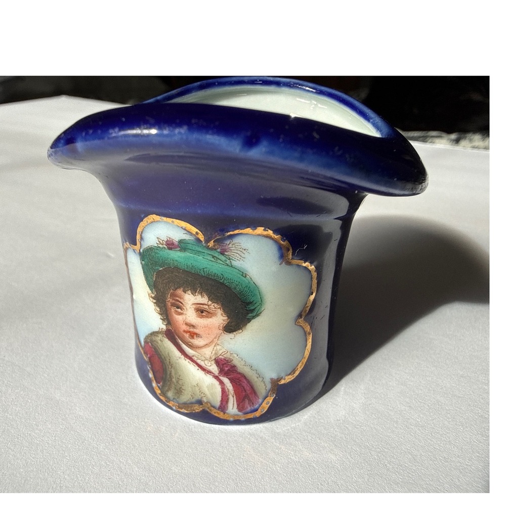 Vintage Royal Medallion Blue Germany Porcelain Top Hat Toothpick Holder Portrait